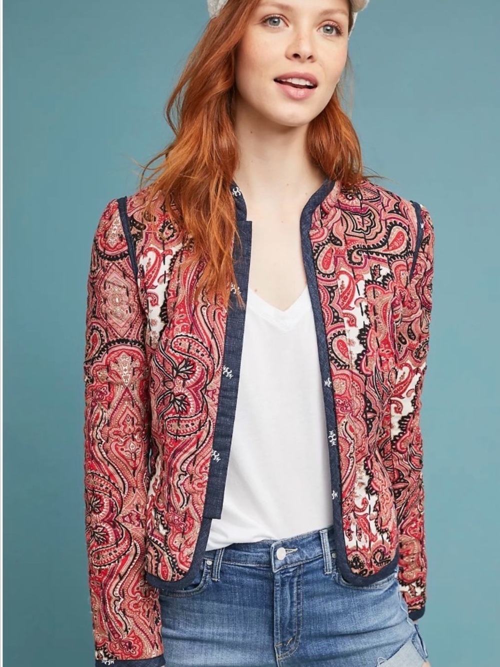 Anthropologie Quilted Pink Jacket with Navy Trim size M